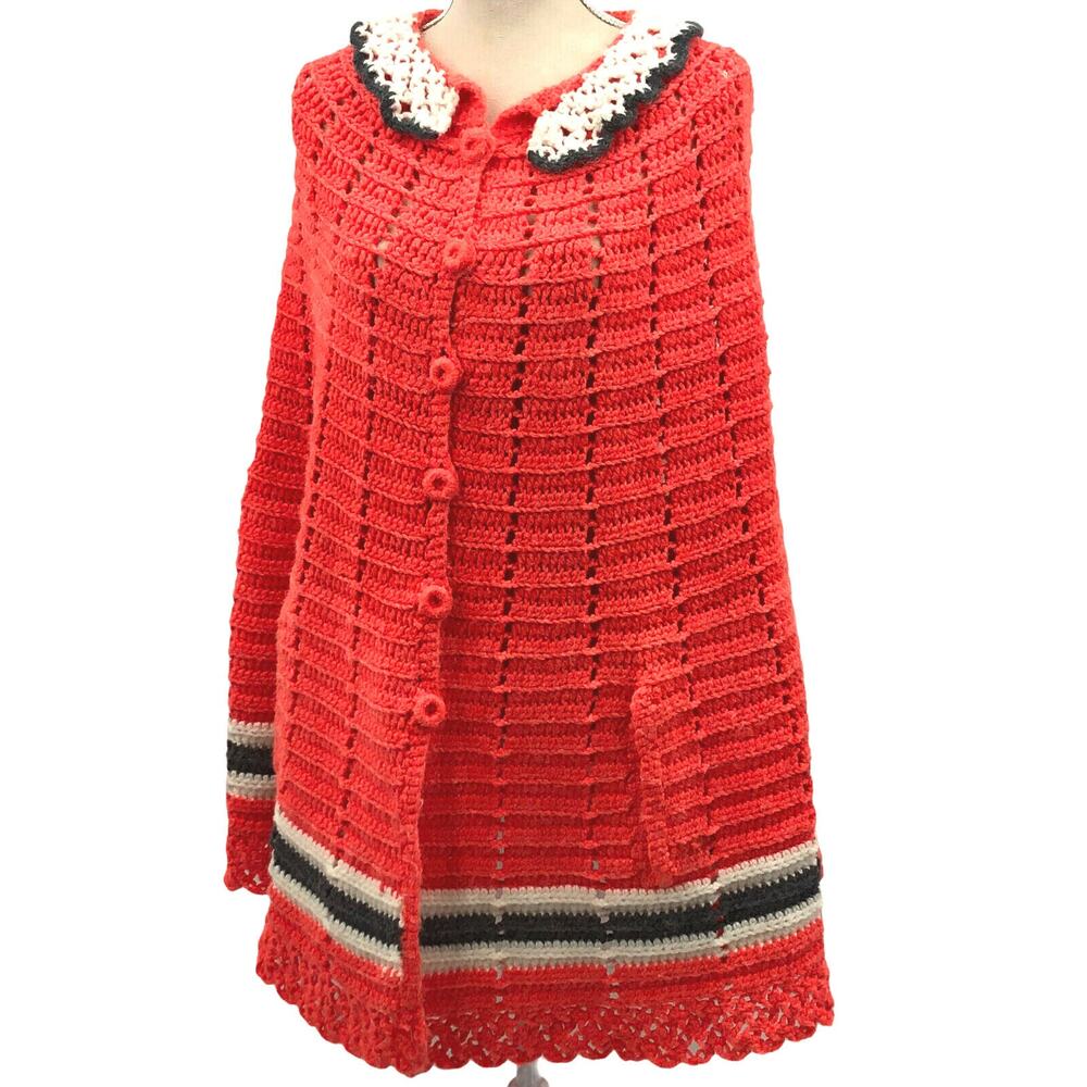 VTG Handmade Crochet Red Cape Poncho OS Button Cottagecore Folklore Boho Granny